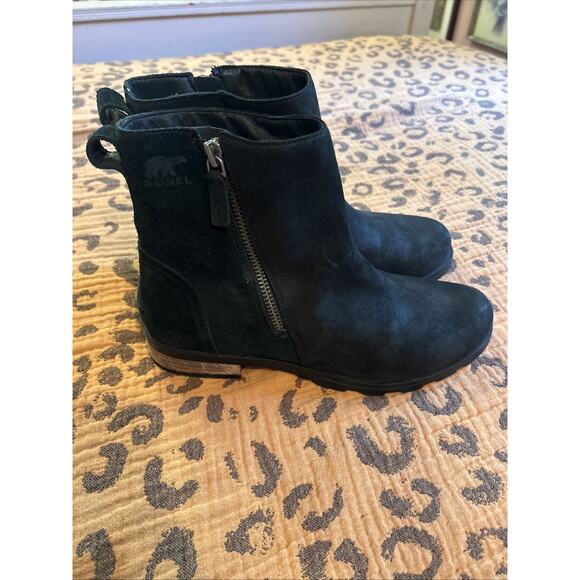 Sorel Emelie Black Leather Womens Boots Side Zip Size 10 Classic No Tie - Picture 1 of 8